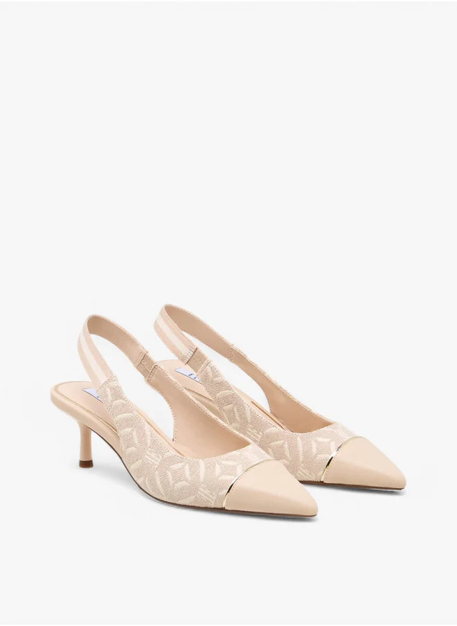 ELLE Monogram Print Slingback Pointed Toe Shoes with Kitten Heels