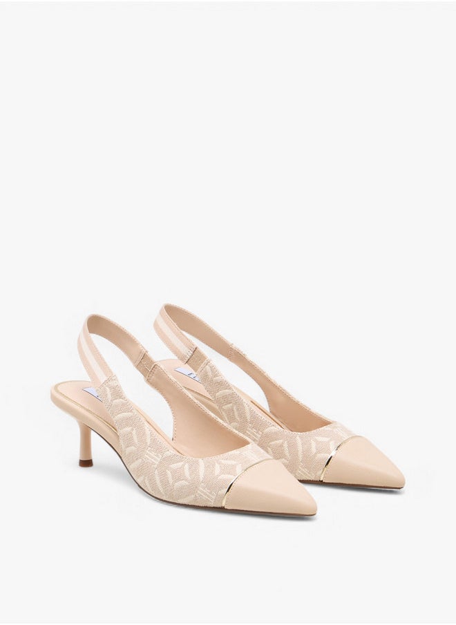 ELLE Monogram Print Slingback Pointed Toe Shoes with Kitten Heels  - Image 1