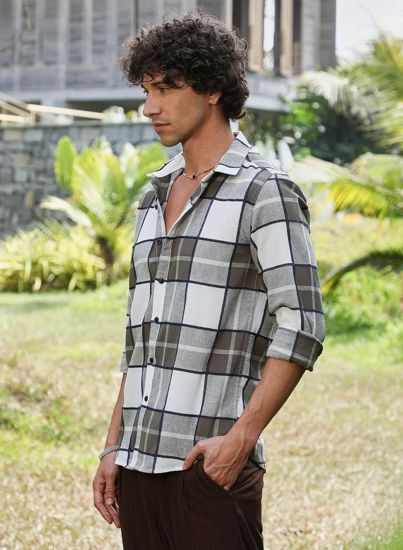 كامبوس سوترا Men's Army Green Overlaping Check Shirt