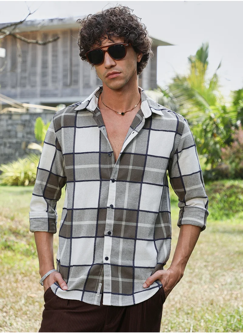 Campus Sutra Men's Army Green Overlaping Check Shirt