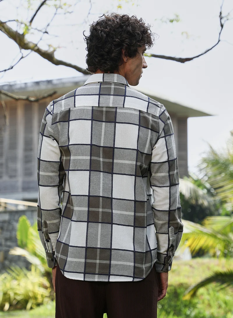 كامبوس سوترا Men's Army Green Overlaping Check Shirt