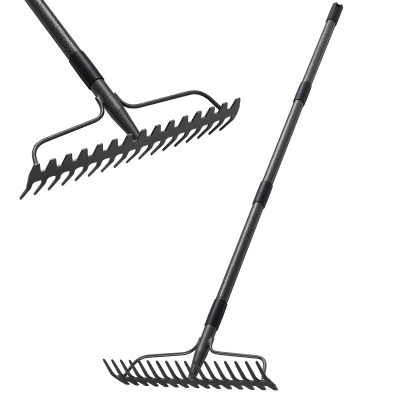 LLARGUEST Bow Rake,Thatch Rakes for Lawns, Heavy Duty Metal Garden Rake with 17 Prongs, Adjustable Yard Rock Rake for Gardening Loosening Soil, Long Handle 60 Inches - Image 1