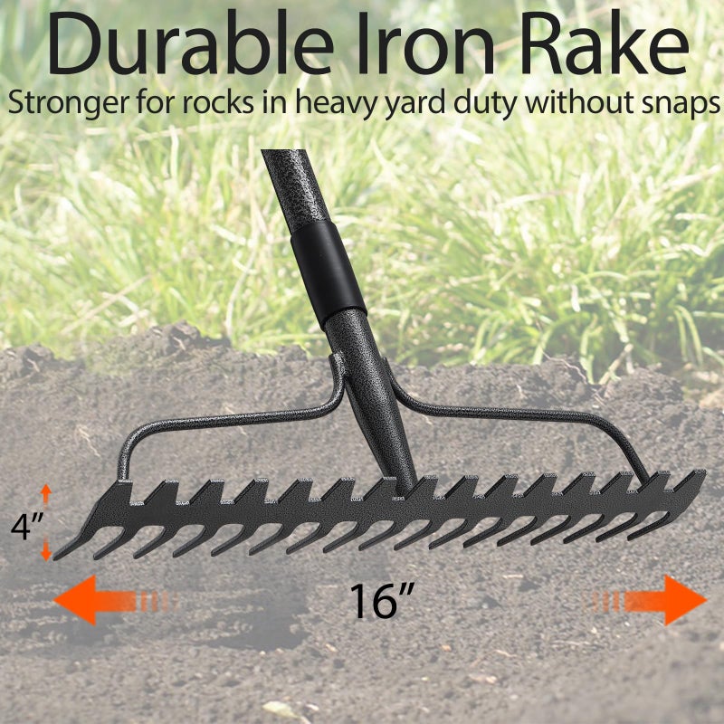 LLARGUEST Bow Rake,Thatch Rakes for Lawns, Heavy Duty Metal Garden Rake with 17 Prongs, Adjustable Yard Rock Rake for Gardening Loosening Soil, Long Handle 60 Inches - Image 2