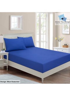 Home-Tex Design Hometex Design Premium 100% Long Stable Cotton Fitted Bed Sheet Set King Size 1 Fitted Sheet 180x200 cm and 2 Pillow Covers 50x80 cm with All Around Elastic Blue Outermer 