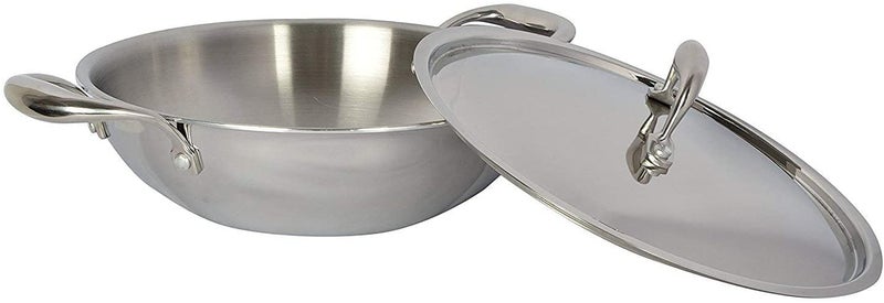 TABAKH 32 Liter Triply 188 Stainless Steel Kadai wLid Suitable For Indian Cooking Sauces Stews Soups Deep Induction Friendly 26cm 338 Quart