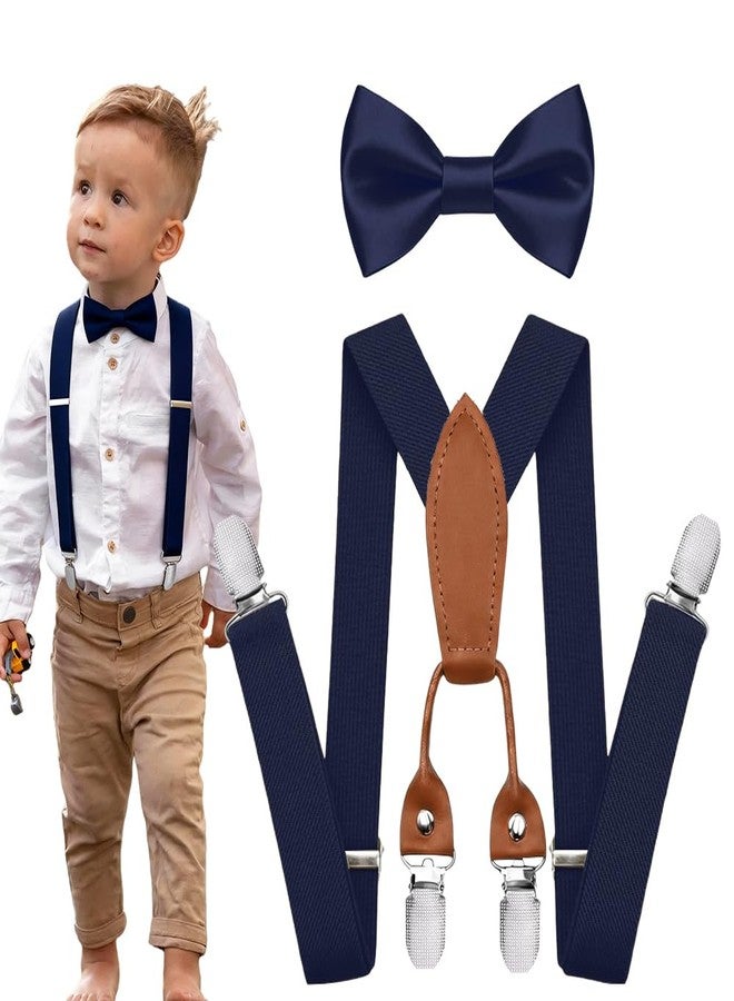 Vexadrix 4-Clips Kids Suspenders & Pre-Tied Bow Tie Set Adjustable 27in for 1-8 Years Boys Girls Wedding Birthday Formal Accessories (Navy Blue) - Image 1