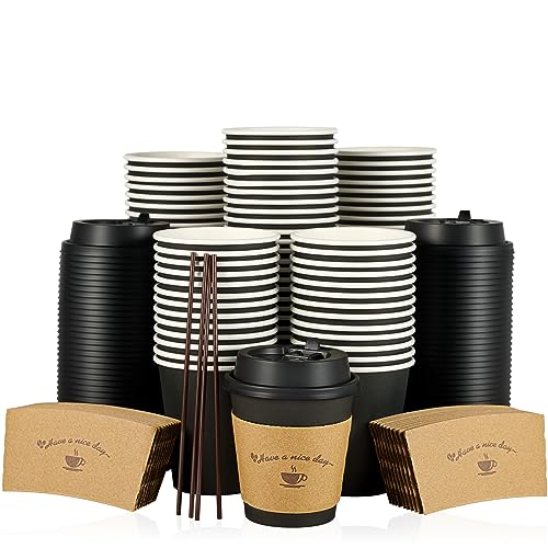 LITOPAK 100 Pack 10 oz Paper Coffee Cups for Hot Chocolate Drinks Black Disposable Coffee Cups with Lids Sleeves and Stirring Sticks for Parties Picnic Travel and Events