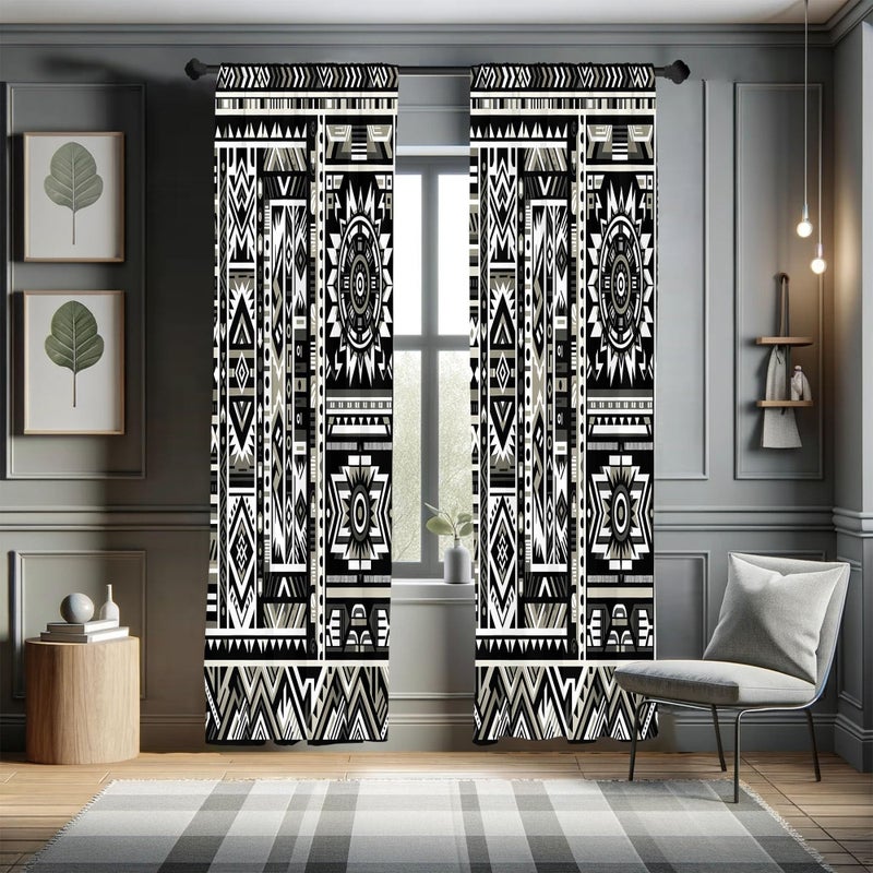 أمبيسون Ambesonne Southwestern Window Stertains تصميم ألوان أحادية اللون مع أسهم متعرجين وأشكال ثقافية ديكور خفيفة الوزن ثنائية الطبقات مع زوج جيب قضيب - 28 "" × 63 " - Image 1