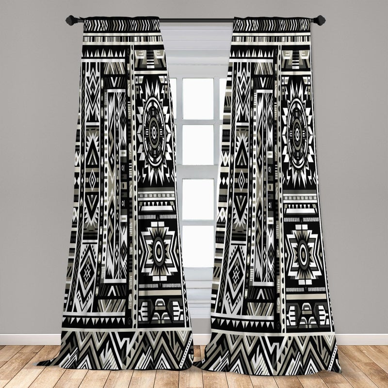 أمبيسون Ambesonne Southwestern Window Stertains تصميم ألوان أحادية اللون مع أسهم متعرجين وأشكال ثقافية ديكور خفيفة الوزن ثنائية الطبقات مع زوج جيب قضيب - 28 "" × 63 " - Image 3