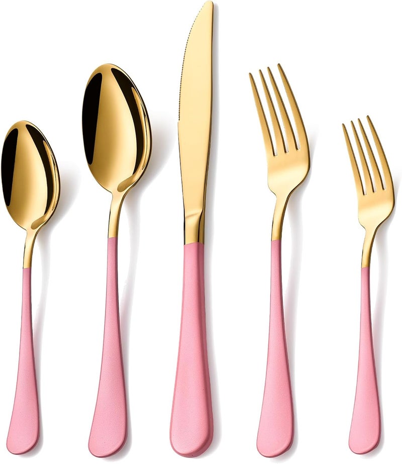 Lekoton 20 Piece Gold and Pink 180 Flatware Utensil Set for 4 Include Dinner KnifeDinner ForksDinner SpoonsSalad ForksTeaspoonsSilverware Set for 4 Dishwasher Safe - Image 1