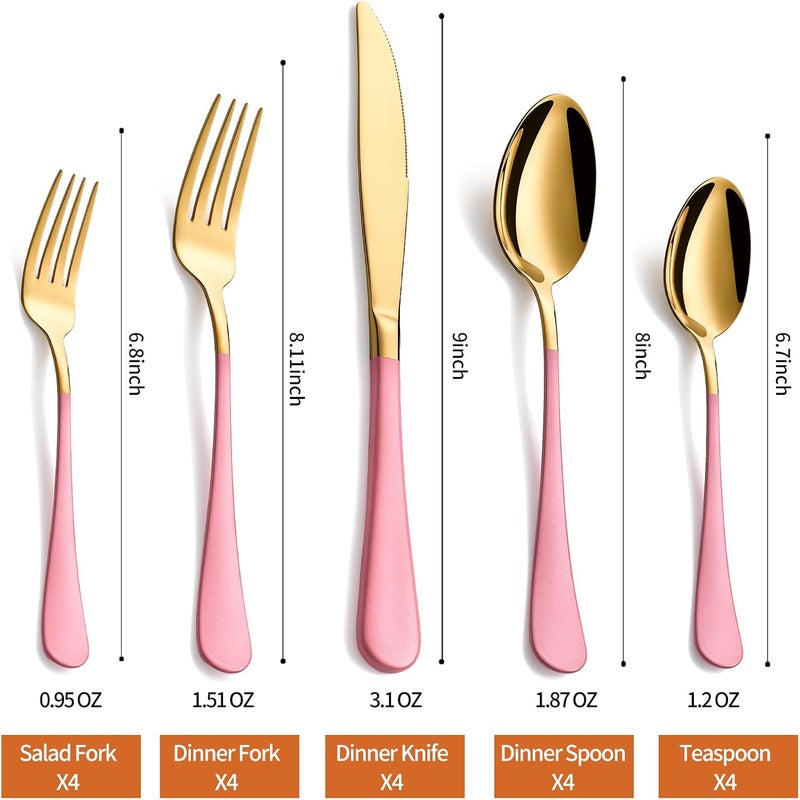 Lekoton 20 Piece Gold and Pink 180 Flatware Utensil Set for 4 Include Dinner KnifeDinner ForksDinner SpoonsSalad ForksTeaspoonsSilverware Set for 4 Dishwasher Safe - Image 2