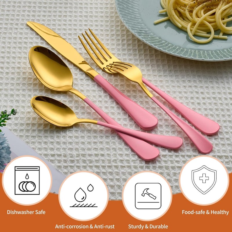 Lekoton 20 Piece Gold and Pink 180 Flatware Utensil Set for 4 Include Dinner KnifeDinner ForksDinner SpoonsSalad ForksTeaspoonsSilverware Set for 4 Dishwasher Safe - Image 4