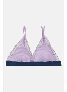 Women Non Padded Lace Trim Triangle Bra, Purple