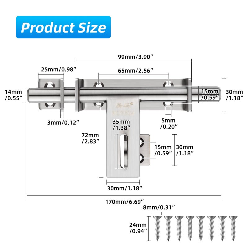 BAO YI LAI Heavy Duty Barrel Bolts Safety Door Lock, 6.7 Inch Slide Bolt Gate Latch with Padlock Hole,Solid SUS304 Stainless Steel Barrel Bolt Latch for Wooden Fence, Yard Door, Barn Door, Shed Door, Interior - Image 2