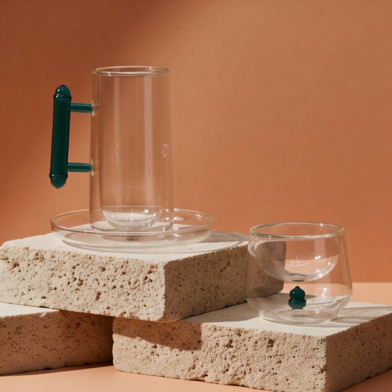 Tea & Coffee Serving Set – Masjid-Inspired Double-Layer Glass with Accent Handle & Saucer