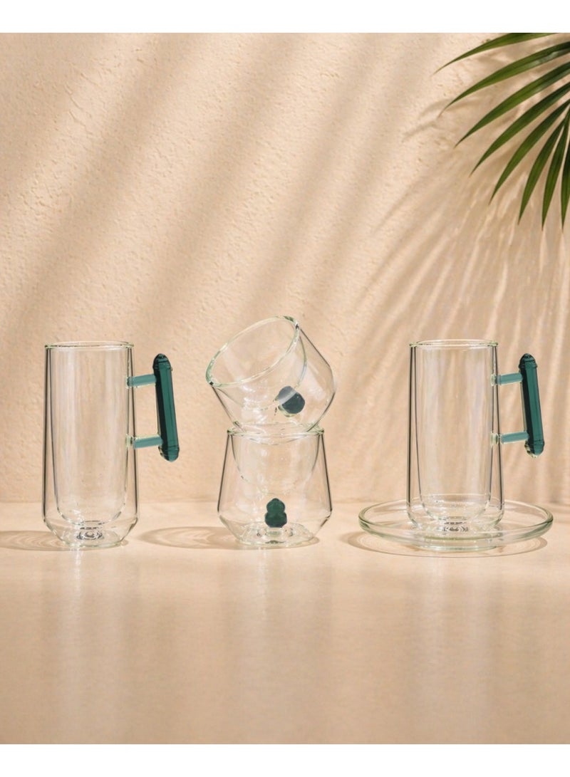 Raz 18 Pieces Tea & Coffee Serving Set – Masjid-Inspired Double-Layer Glass with Accent Handle & Saucer - Image 1