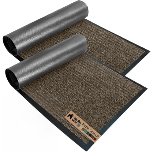GORILLA GRIP Waterproof Traffic Guard Door Mat 2 Pack Heavy Duty Entryway Mats Strong Backing Commercial Utility Rugs for Office Hallway Garage Floor and Home Low Profile Carpet 29x17 Brown - Image 1
