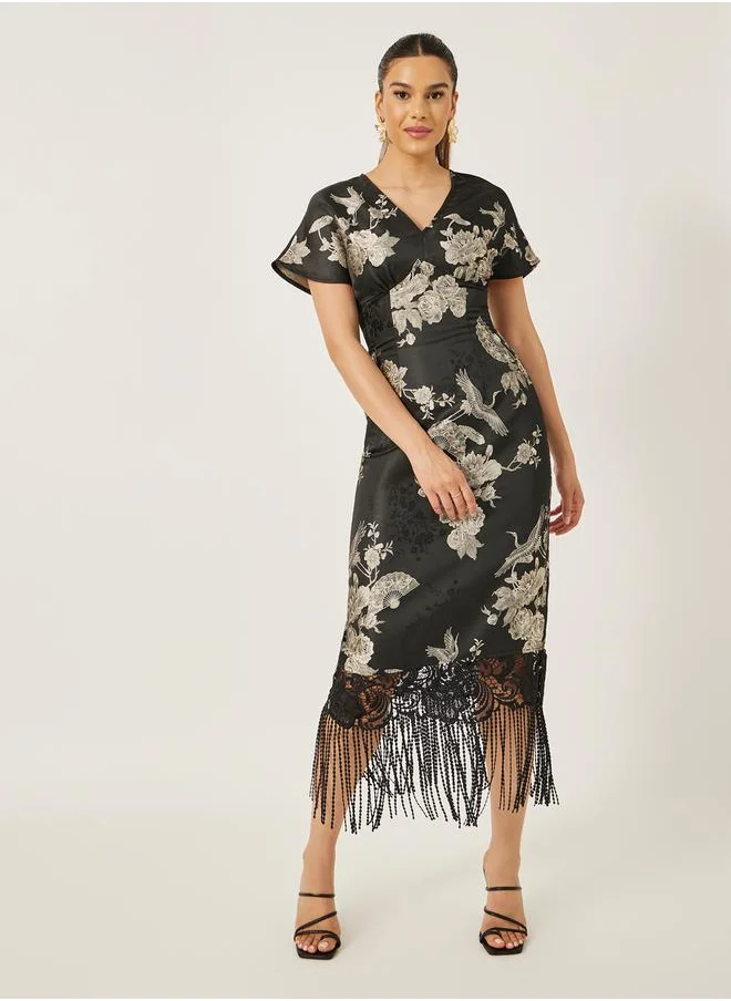 ستايلي Floral Print Short Sleeves Tasseled Hem Sheath Midi Dress