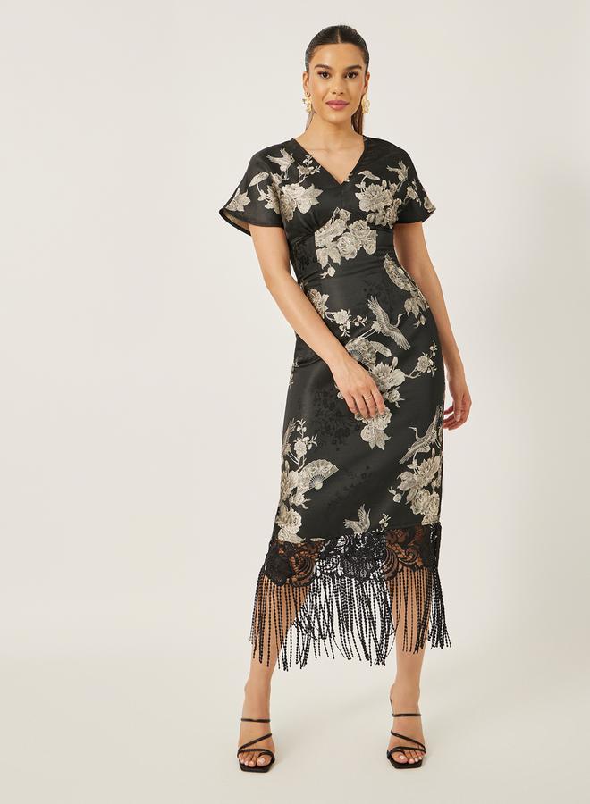 Styli Floral Jacquard Fringe Dress  - Image 2