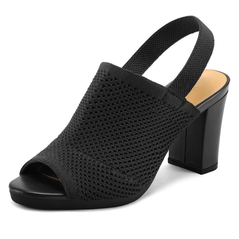 mysoft Women's Knit Chunky Block High Heels Elastic Slingback Open Toe 3 Inch Heeled Sandals,Black,7.5 US - Image 1
