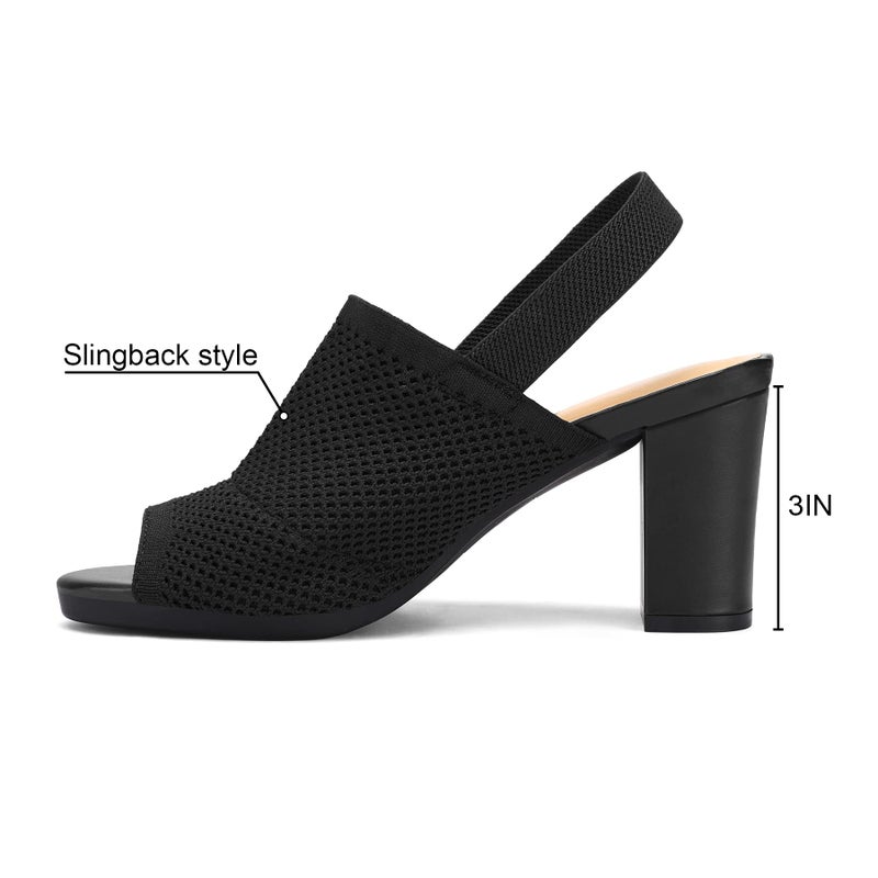 mysoft Women's Knit Chunky Block High Heels Elastic Slingback Open Toe 3 Inch Heeled Sandals,Black,7.5 US - Image 3