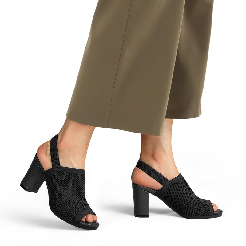 mysoft Women's Knit Chunky Block High Heels Elastic Slingback Open Toe 3 Inch Heeled Sandals,Black,7.5 US - Image 5