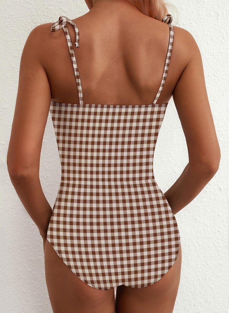 Herseas Womens High Cut One Piece Swimsuit Ruffled Trim Wire Free Adjustable Lace Up Straps Tummy Control Gingham Retro Bathing Suits Modest Resort Beachwear Brown Checkerboard Medium - Image 3