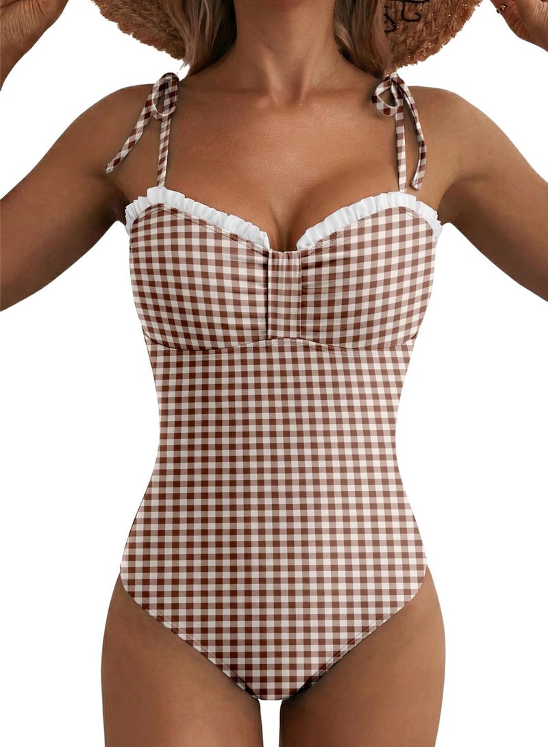 Herseas Womens High Cut One Piece Swimsuit Ruffled Trim Wire Free Adjustable Lace Up Straps Tummy Control Gingham Retro Bathing Suits Modest Resort Beachwear Brown Checkerboard Medium - Image 1