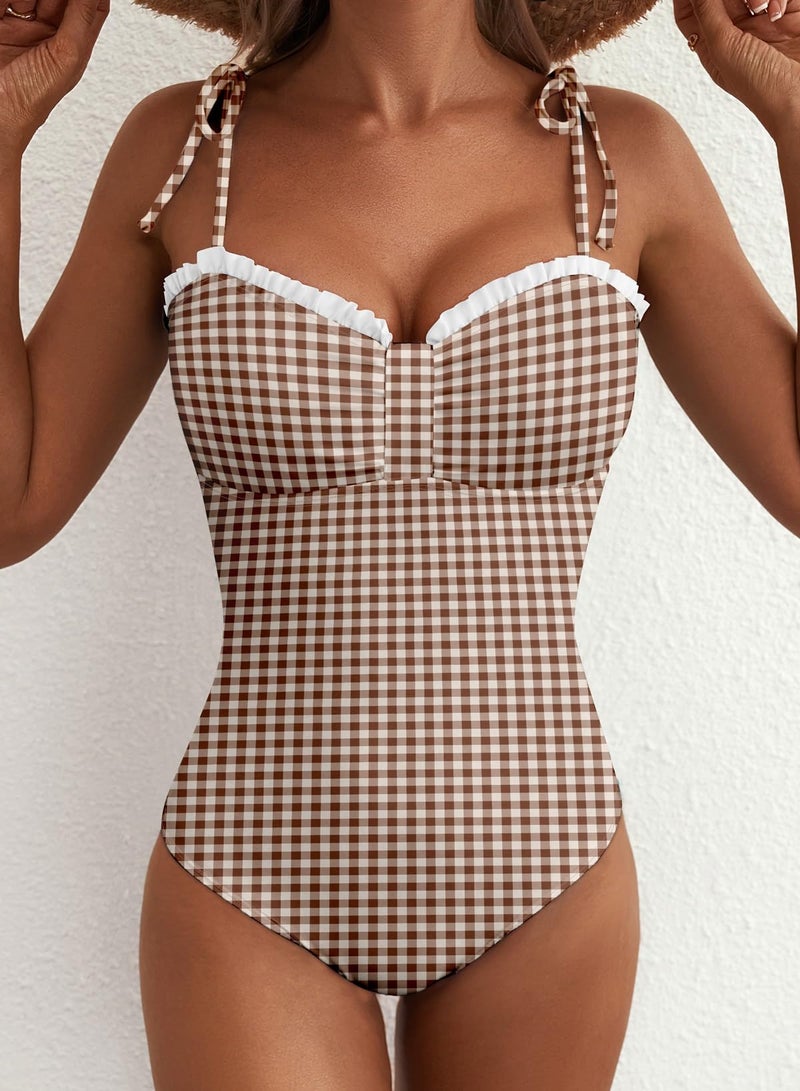 Herseas Womens High Cut One Piece Swimsuit Ruffled Trim Wire Free Adjustable Lace Up Straps Tummy Control Gingham Retro Bathing Suits Modest Resort Beachwear Brown Checkerboard Medium - Image 2