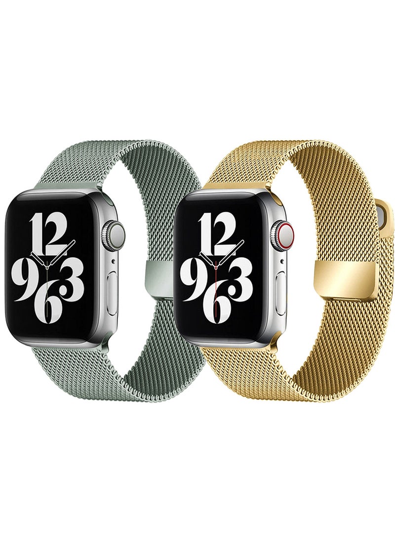 YOMNA - [set of 2] YOMNA Magnetic Metal Milanese Loop Band Compatible with Apple Watch Band 42mm 44mm 45mm 49mm, Mesh Strap Replacement for iWatch Series Ultra SE 8 7 6 5 4 3 2 1 (Matte Gray/Gold) - Image 1