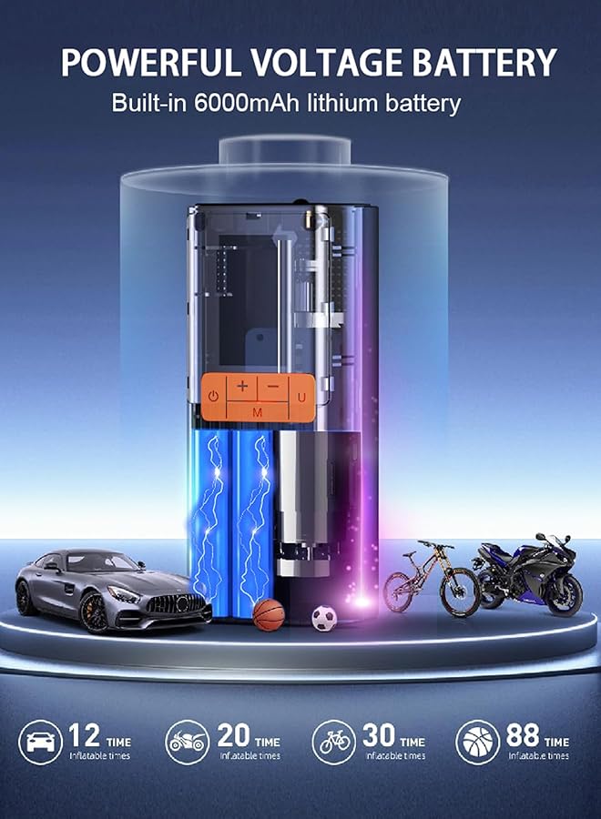 infino Cordless Tire Inflator Air Compressor With Car Charging Cable, Digital Display, Auto Shut Off, 6000Mah Battery, Led Light, Portable Air Pump For Cars, Bikes, Motorcycles, Balls - Image 2