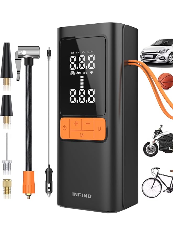 infino Cordless Tire Inflator Air Compressor With Car Charging Cable, Digital Display, Auto Shut Off, 6000Mah Battery, Led Light, Portable Air Pump For Cars, Bikes, Motorcycles, Balls - Image 1