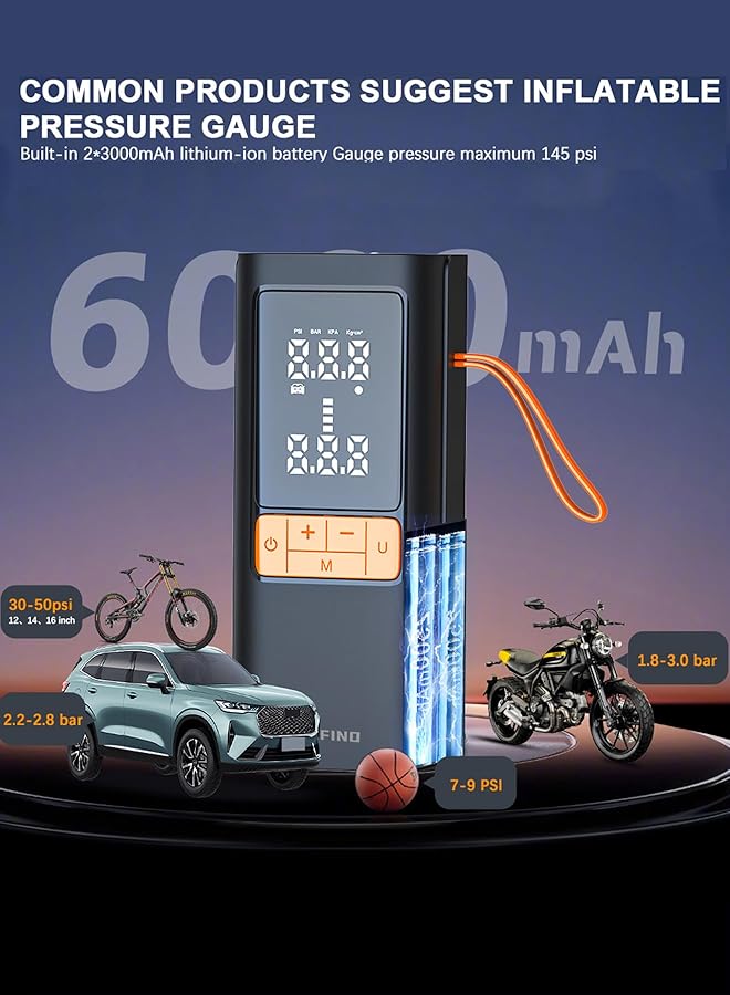 infino Cordless Tire Inflator Air Compressor With Car Charging Cable, Digital Display, Auto Shut Off, 6000Mah Battery, Led Light, Portable Air Pump For Cars, Bikes, Motorcycles, Balls - Image 3