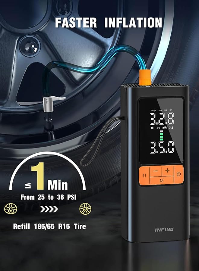 infino Cordless Tire Inflator Air Compressor With Car Charging Cable, Digital Display, Auto Shut Off, 6000Mah Battery, Led Light, Portable Air Pump For Cars, Bikes, Motorcycles, Balls - Image 4