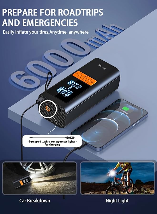 infino Cordless Tire Inflator Air Compressor With Car Charging Cable, Digital Display, Auto Shut Off, 6000Mah Battery, Led Light, Portable Air Pump For Cars, Bikes, Motorcycles, Balls - Image 5