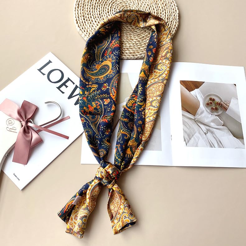 MEISEE 100% Mulberry Silk Scarf for Women 59â€*6.3â€ Long Headscarf Neck Scarf Hair Wraps and Shawls with Gift Packed (Blue+yellow cashew nuts) - Image 5