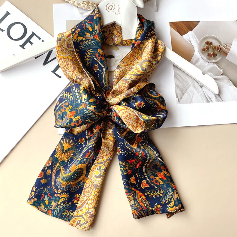 MEISEE 100% Mulberry Silk Scarf for Women 59â€*6.3â€ Long Headscarf Neck Scarf Hair Wraps and Shawls with Gift Packed (Blue+yellow cashew nuts) - Image 2