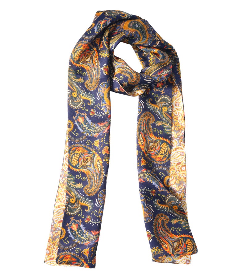 MEISEE 100% Mulberry Silk Scarf for Women 59â€*6.3â€ Long Headscarf Neck Scarf Hair Wraps and Shawls with Gift Packed (Blue+yellow cashew nuts) - Image 1