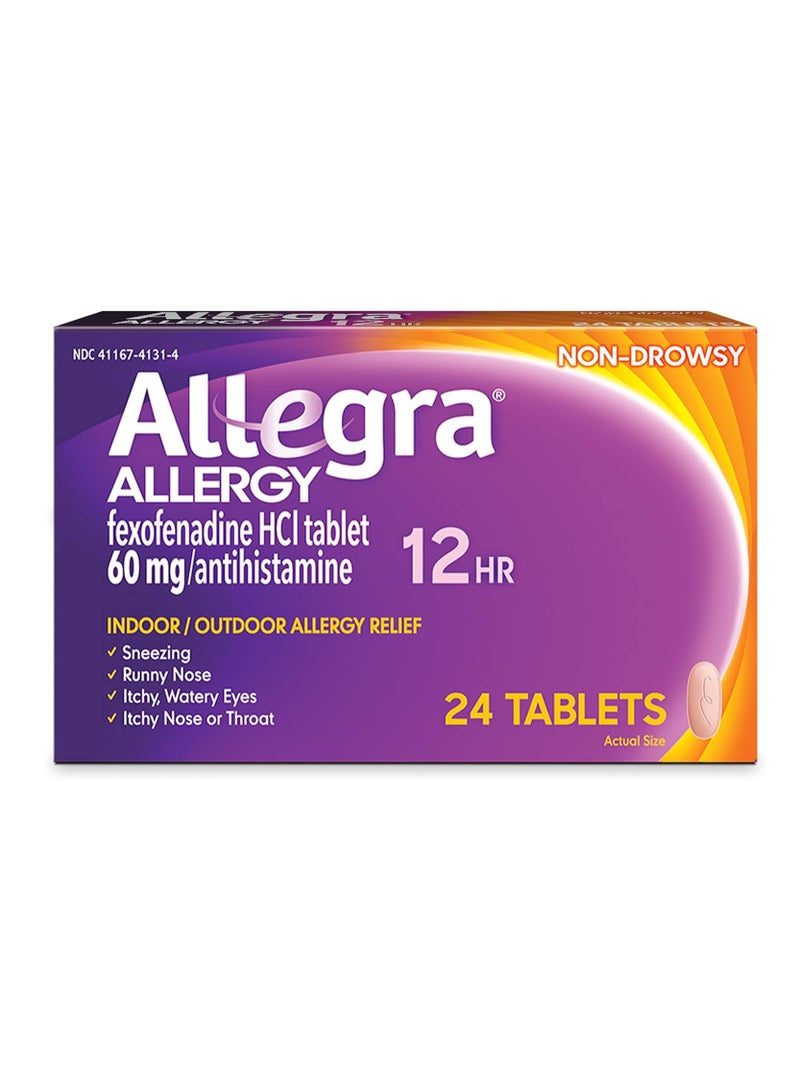 Allegra Adult 12HR Non-Drowsy Antihistamine, 24 Tablets, Fast-acting Allergy Symptom Relief, 60 mg
