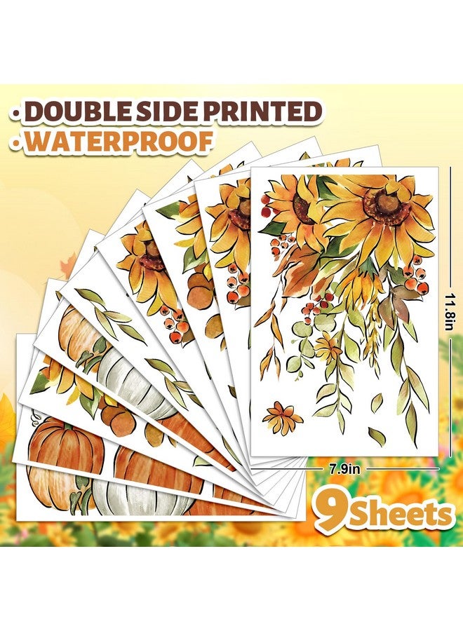 Whaline Whaline 9 Sheets Fall Sunflower Window Clings Hanging Flower Vine Pumpkin Window Stickers Autumn Floral Static Reusable Window Decals for Harvest Party Home Office Decor  - Image 2