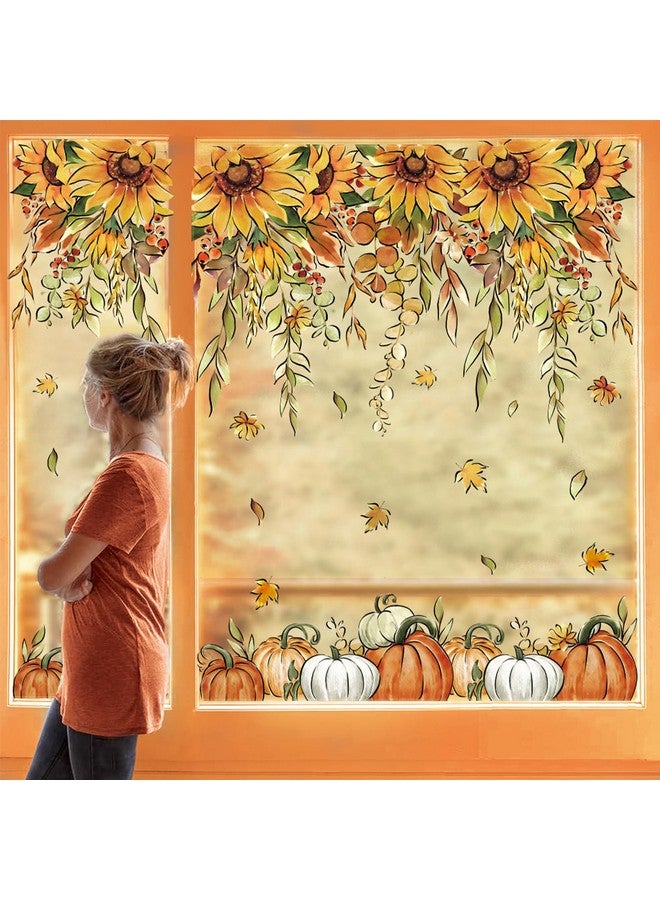 Whaline Whaline 9 Sheets Fall Sunflower Window Clings Hanging Flower Vine Pumpkin Window Stickers Autumn Floral Static Reusable Window Decals for Harvest Party Home Office Decor  - Image 1