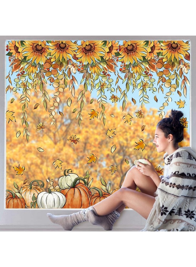 Whaline Whaline 9 Sheets Fall Sunflower Window Clings Hanging Flower Vine Pumpkin Window Stickers Autumn Floral Static Reusable Window Decals for Harvest Party Home Office Decor  - Image 4