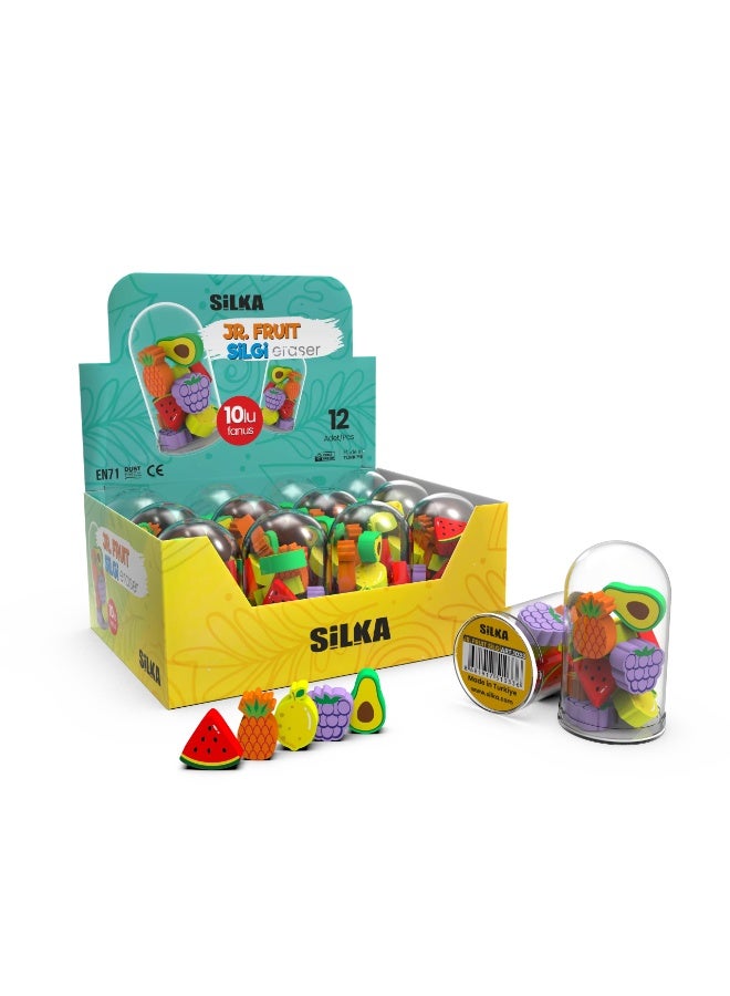 Silka Stationery Eraser Set for Kids – Colorful 3D Fruit & Cartoon Shapes (12-Pack); Secure, Spill-Proof Clear Lantern Container; Safe School & Office Supplies; Ideal for Student Rewards – Authentic Turkish Silka Brand. - Image 1