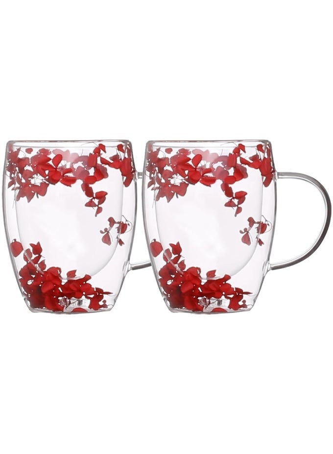 DOUBLE WALLED COFFEE CUPS 350ML - SET OF 2, BOROSILICATE GLASS MUGS WITH REAL DRY FLOWERS, INSULATED TEA AND COFFEE CUPS, GIFT SET FOR HOLIDAY AND VALENTINE'S DAY (RED)
