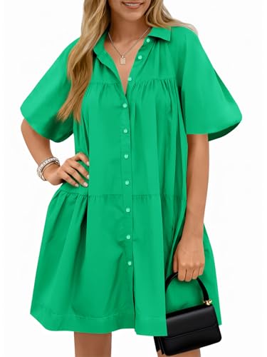 Wenrine Women's Summer Button Down Shirt Dress Puff Short Sleeve Loose Casual Oversized Mini Dresses with Pockets - Image 1