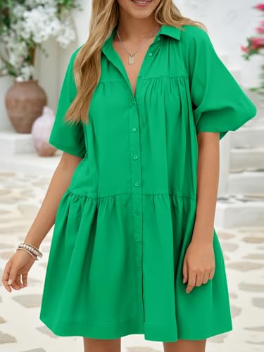 Wenrine Women's Summer Button Down Shirt Dress Puff Short Sleeve Loose Casual Oversized Mini Dresses with Pockets - Image 3
