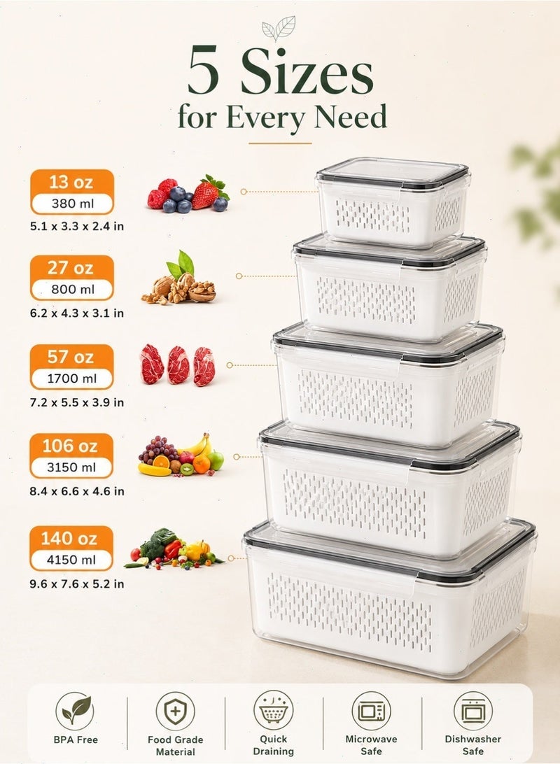 Yoawllty 5PCS Fridge Organizer with Removable Draining Colanders and Lid, Fridge Food Storage Organizer for Fruit, Vegetables, Berry and Meat Keeper Fresh - Image 2