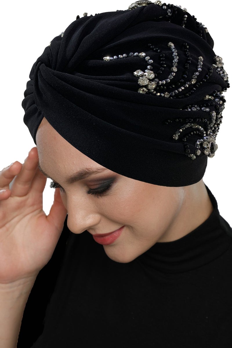 Fidan Bone Shining Hand Embroidered Black-Silver Wheel Patterned Lined Ready-made Hijab Hijab Evening Dress Bone - Image 3