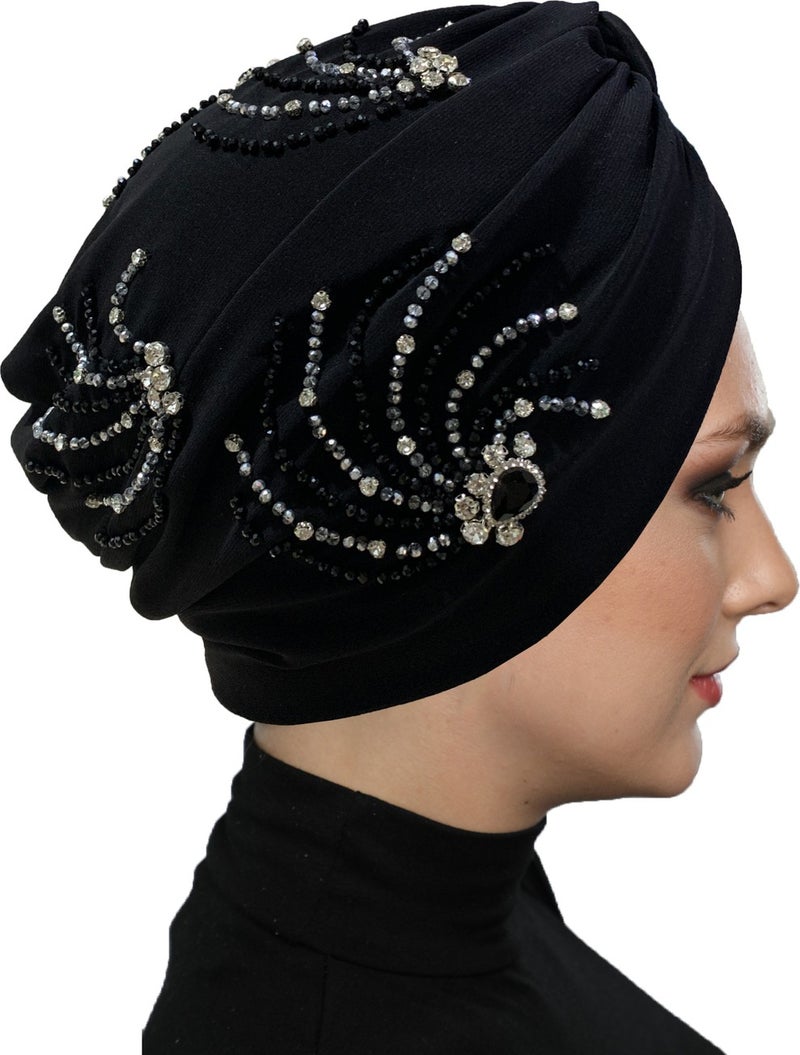 Fidan Bone Shining Hand Embroidered Black-Silver Wheel Patterned Lined Ready-made Hijab Hijab Evening Dress Bone - Image 1