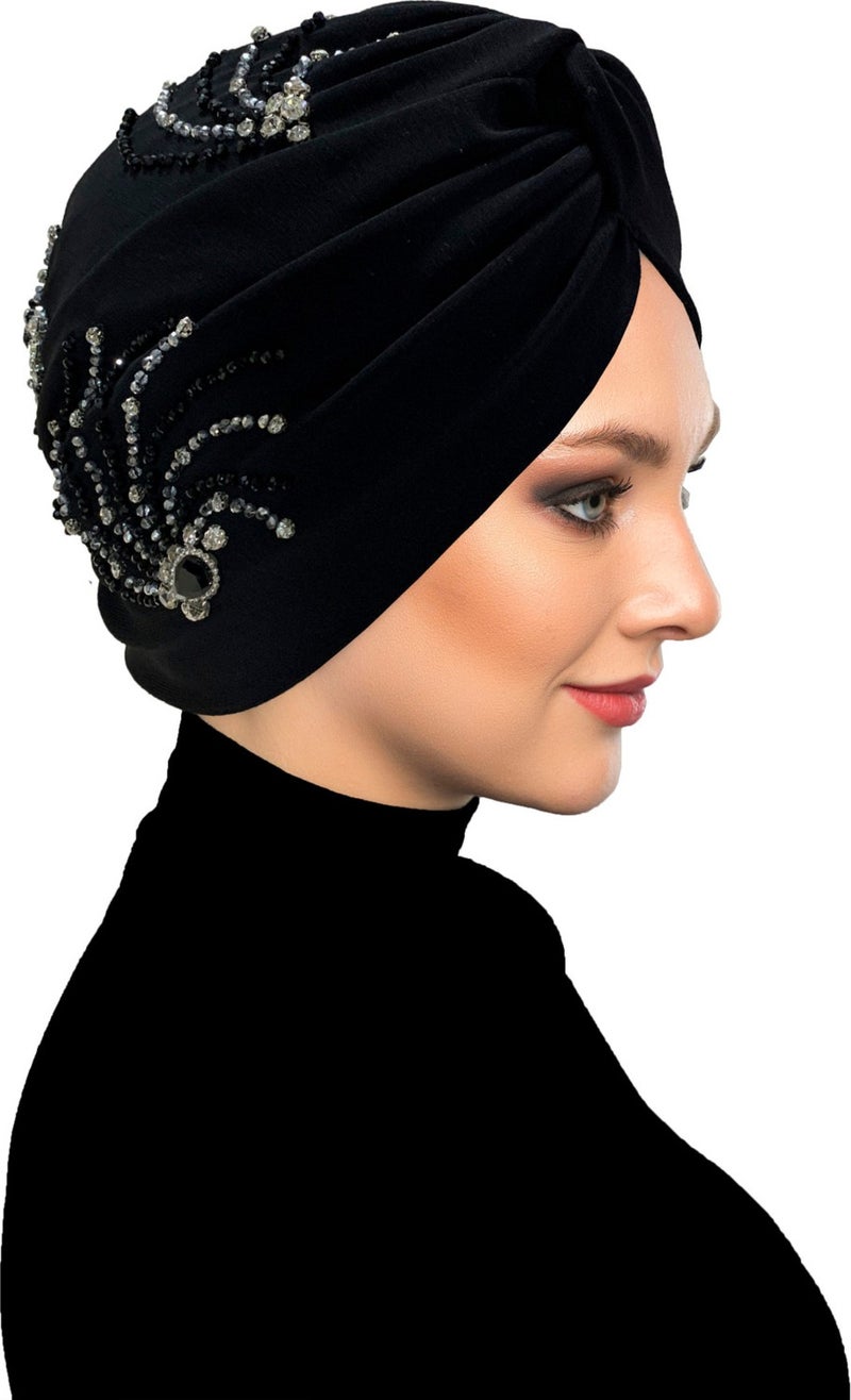 Fidan Bone Shining Hand Embroidered Black-Silver Wheel Patterned Lined Ready-made Hijab Hijab Evening Dress Bone - Image 2
